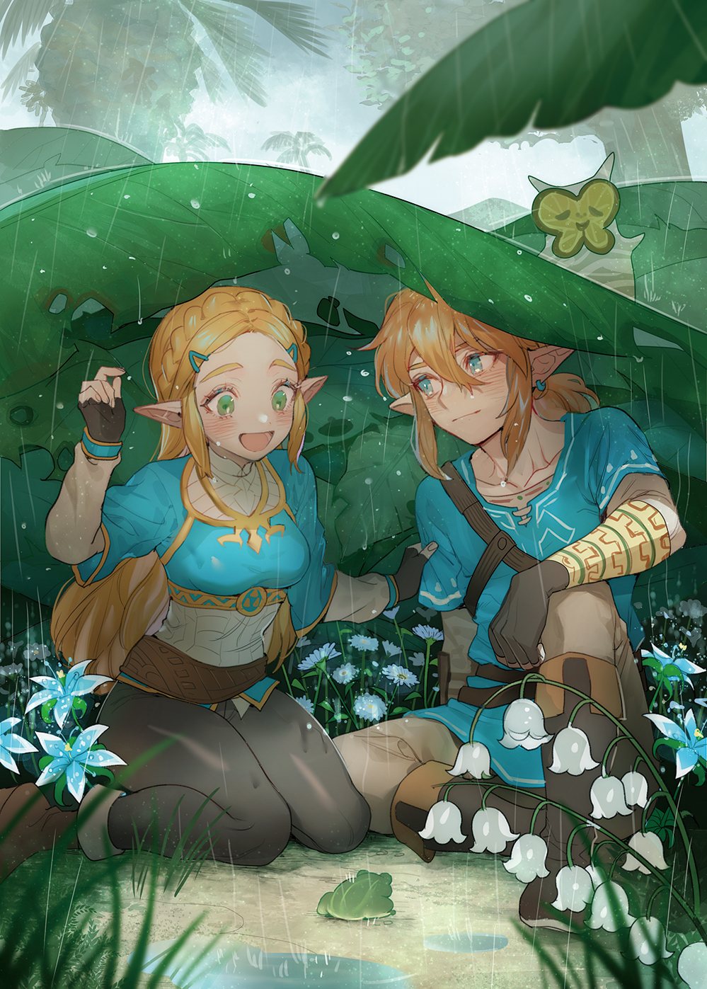 1boy 1girl :d animal arm_rest blonde_hair blue_eyes blush boots braid closed_mouth collarbone crown_braid day earrings fingerless_gloves flower forest frog gloves grass green_eyes hair_between_eyes hair_ornament hairclip hand_on_another's_arm hand_up happy highres jewelry knee_up korok leaf link long_hair long_sleeves looking_at_another looking_down low_ponytail nature on_ground open_mouth outdoors pants pointy_ears ponytail princess_zelda puddle rain shirt short_over_long_sleeves short_sleeves sidelocks silent_princess single_earring sitting smile the_legend_of_zelda the_legend_of_zelda:_breath_of_the_wild tree tunic very_long_hair wariza water wet wet_clothes zuizi