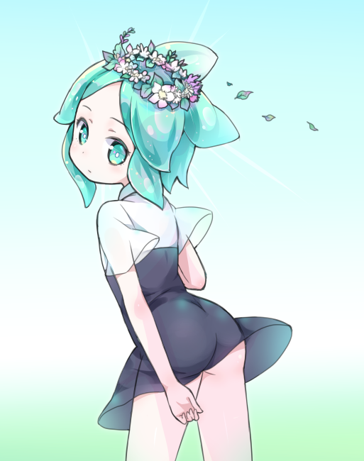 1other amimi aqua_eyes aqua_hair ass bare_arms cowboy_shot flower flower_wreath from_behind gem_uniform_(houseki_no_kuni) glint head_wreath houseki_no_kuni leaf leaning_forward looking_at_viewer looking_back phosphophyllite see-through short_hair short_sleeves solo