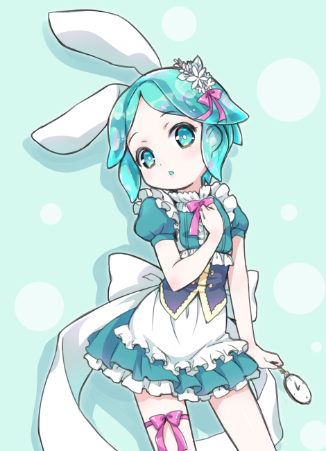 1other amimi animal_ears aqua_background aqua_dress aqua_eyes aqua_hair arm_at_side bare_arms bow bowtie bustier cowboy_shot dress flat_chest flower frilled_dress frills hair_bow hair_flower hair_ornament hand_on_own_chest head_tilt holding houseki_no_kuni leg_ribbon looking_at_viewer parted_lips phosphophyllite pink_bow pink_neckwear pink_ribbon pocket_watch puffy_short_sleeves puffy_sleeves rabbit_ears ribbon short_dress short_hair short_sleeves solo transparent watch white_bow