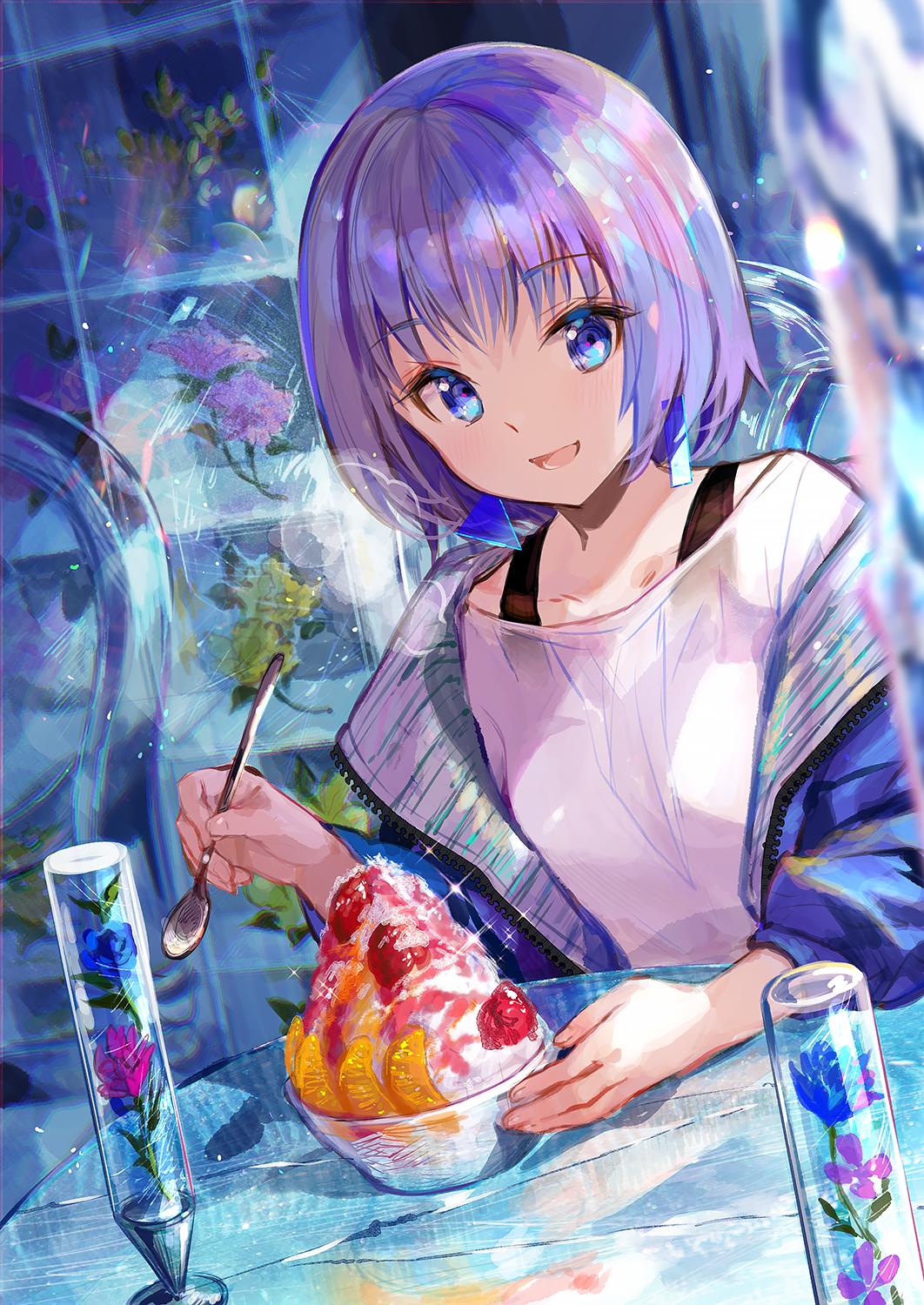 1girl :d blue_eyes blue_flower blue_jacket blurry blush bowl bra_strap commentary_request depth_of_field dessert flower food fruit fuji_choko glint highres holding holding_spoon jacket lavender_hair looking_at_viewer open_clothes open_jacket open_mouth original purple_flower shirt short_hair smile solo spoon table white_shirt