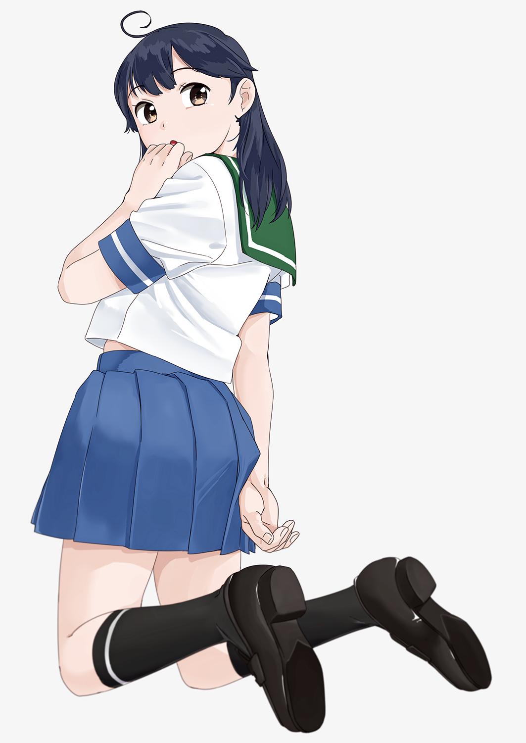 1girl ahoge bangs black_legwear blue_hair blue_skirt eyebrows_visible_through_hair fingernails full_body green_sailor_collar grey_background head_tilt highres kantai_collection kneeling long_hair ojipon open_mouth pleated_skirt sailor_collar school_uniform serafuku shoes short_sleeves simple_background skirt solo ushio_(kantai_collection)