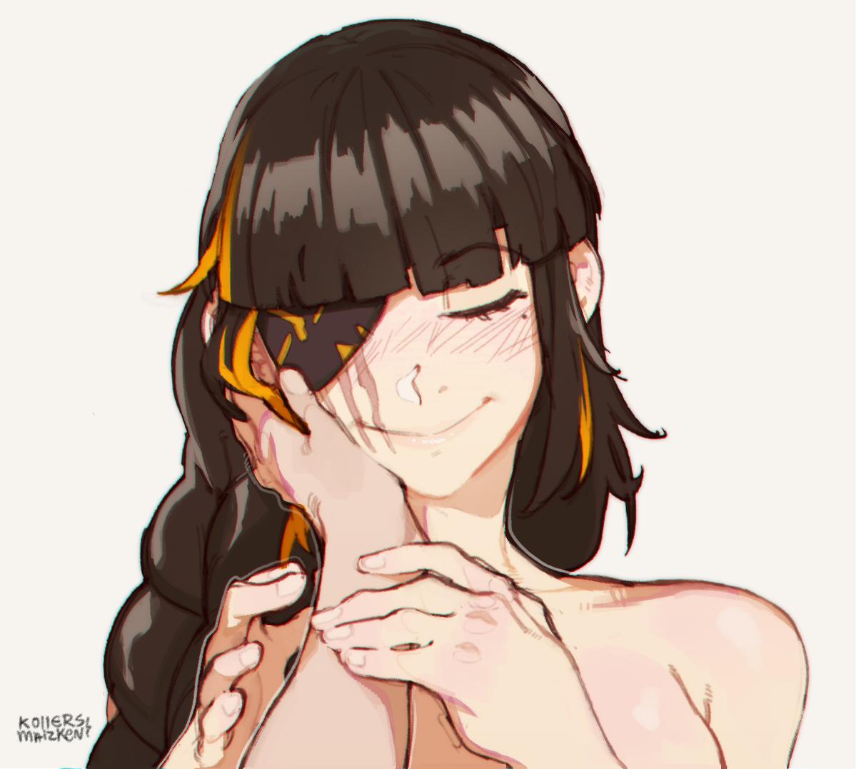 1girl bangs blonde_hair blush brown_hair closed_eyes closed_mouth commentary eyepatch girls_frontline hand_on_another's_cheek hand_on_another's_face kollerss long_hair m16a1_(girls_frontline) multicolored_hair pov pov_hands scar scar_across_eye smile solo_focus two-tone_hair