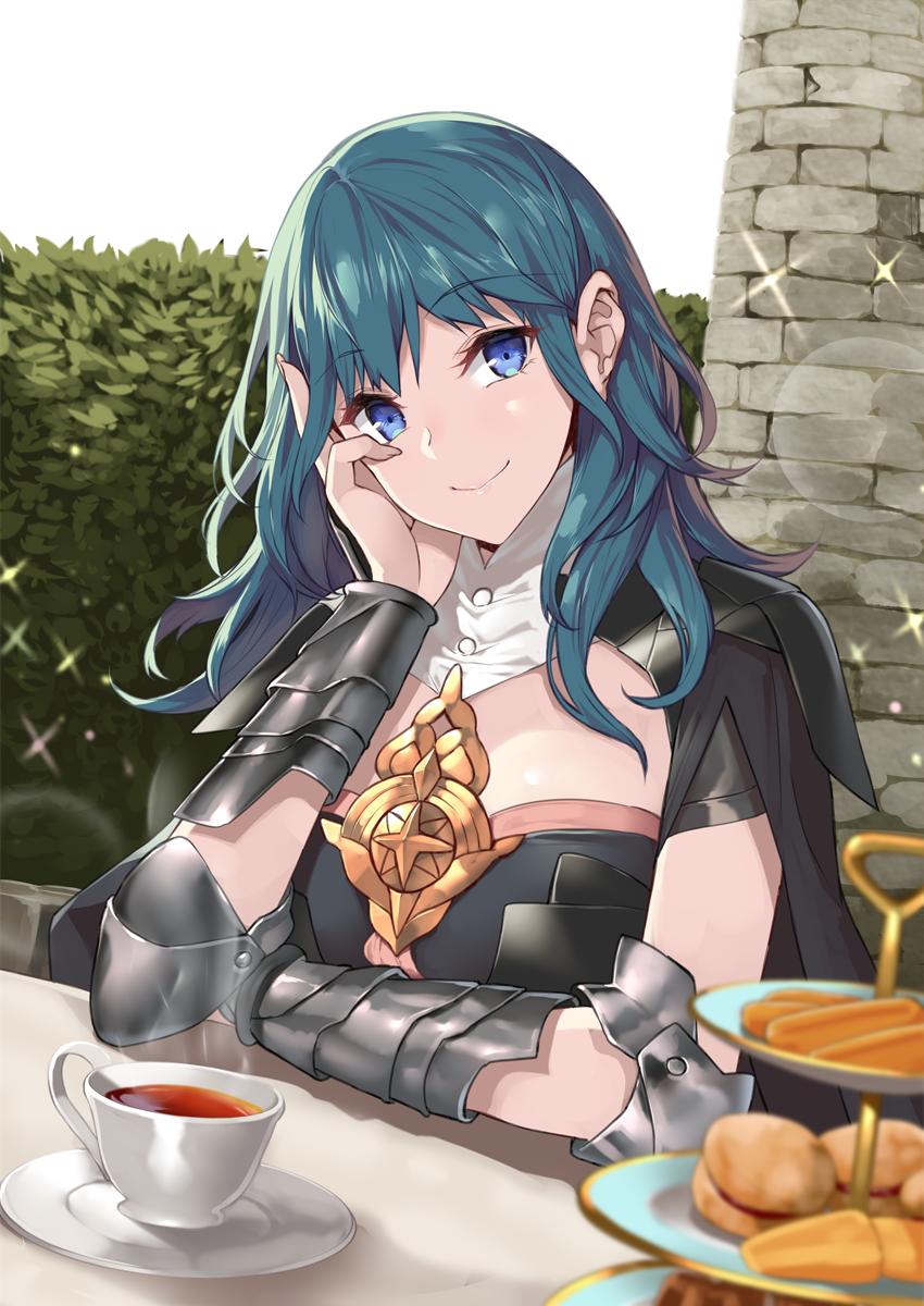 1girl blue_eyes blue_hair byleth_(fire_emblem) byleth_eisner_(female) cape cookie cup cute female_my_unit_(fire_emblem:_three_houses) fire_emblem fire_emblem:_three_houses fire_emblem:_three_houses fire_emblem_heroes food hedge_(plant) highres intelligent_systems koei_tecmo long_hair multiple_girls my_unit_(fire_emblem:_three_houses) nintendo saucer smile solo tea teacup yappen