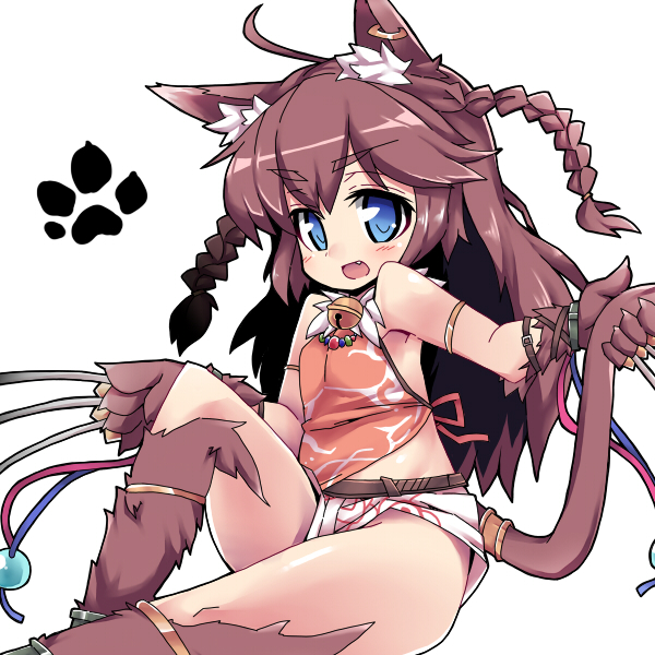 1girl :d ahoge animal_ears bell blue_eyes blush braid brown_hair cat_ears cat_tail claw_(weapon) eyebrows_visible_through_hair fang jingle_bell looking_at_viewer nemui_(nemui) open_mouth paw_print sennen_sensou_aigis simple_background smile solo tail twin_braids two_side_up ur_(sennen_sensou_aigis) weapon white_background