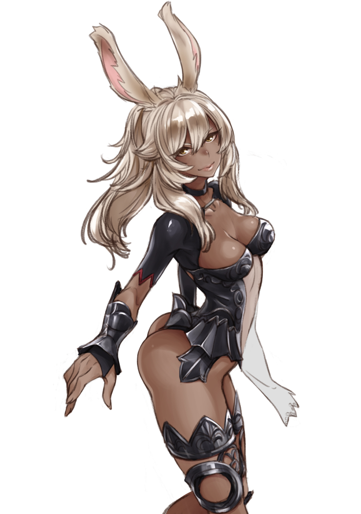 1girl animal_ears ass choker dark_skin final_fantasy final_fantasy_xii final_fantasy_xiv gloves long_hair ponytail pote0508 rabbit_ears see-through solo viera white_hair yellow_eyes