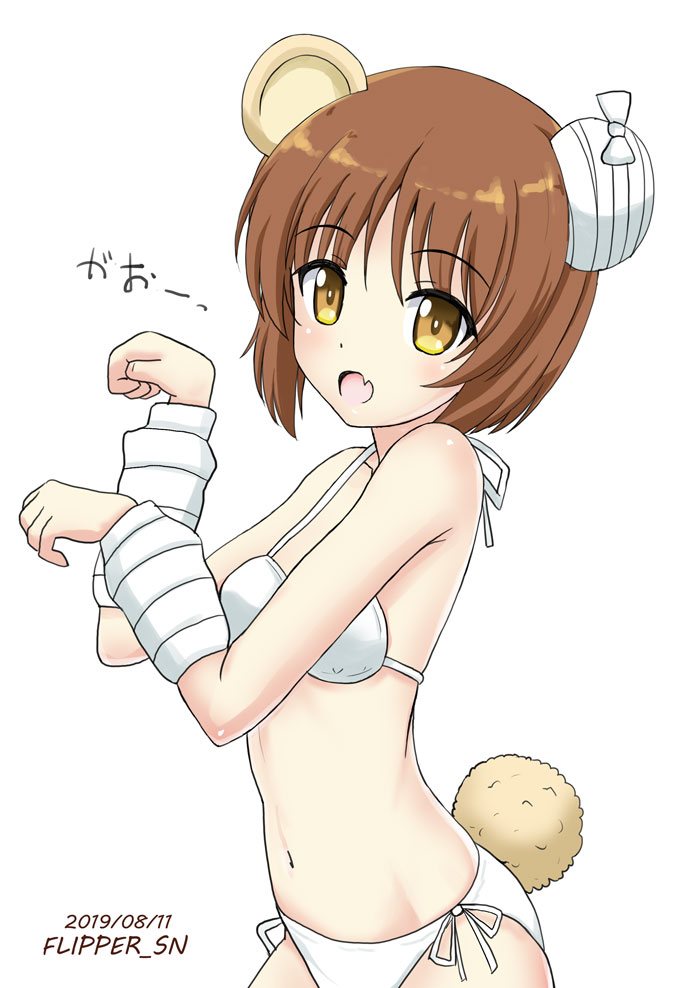 1girl :o animal_ears bandaged_arm bandaged_ear bandages bangs bare_shoulders bear_ears bear_girl bear_tail bikini boko_(girls_und_panzer) boko_(girls_und_panzer)_(cosplay) breasts brown_eyes brown_hair cosplay dated eyebrows_visible_through_hair fang flipper girls_und_panzer hair_between_eyes hands_up navel nishizumi_miho open_mouth paw_pose short_hair side-tie_bikini simple_background small_breasts solo swimsuit tail translated white_background white_bikini