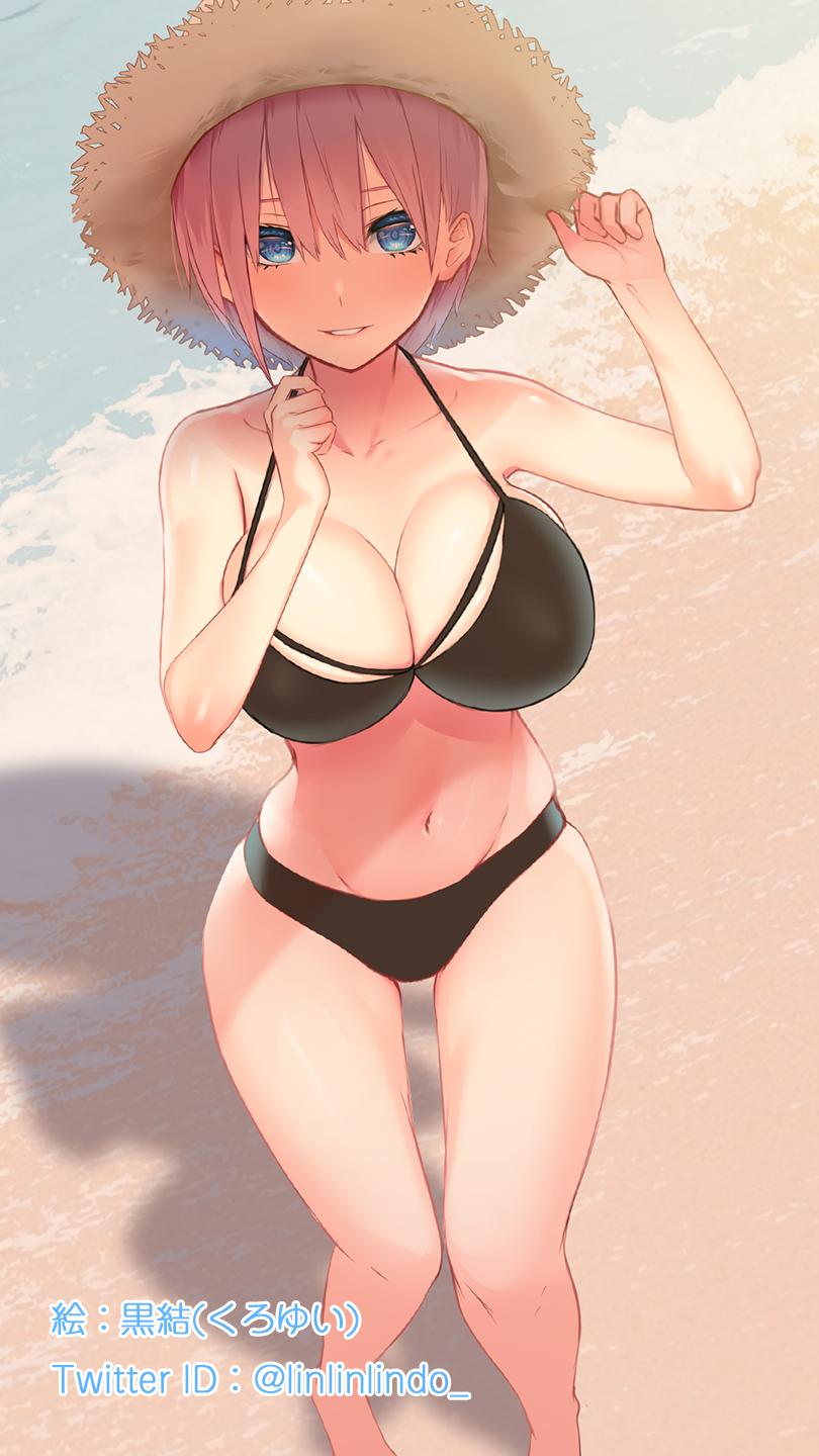 1girl beach bikini black_bikini blue_eyes blush breasts go-toubun_no_hanayome halter_top halterneck hat highres kakaon large_breasts looking_at_viewer nakano_ichika parted_lips pink_hair short_hair solo straw_hat swimsuit twitter_username