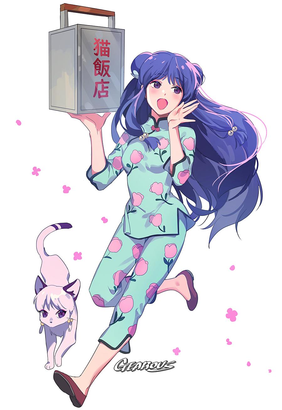 1girl artist_name blush cat chinese_clothes double_bun floral_print flower food_delivery_box gearous hair_bobbles hair_ornament highres long_hair open_mouth petals purple_hair ranma_1/2 shampoo_(ranma_1/2) slippers solo violet_eyes white_background