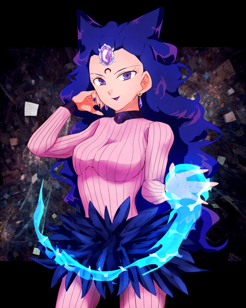 1girl bishoujo_senshi_sailor_moon bodysuit choker comadori717 cowboy_shot earrings jewelry koan_(sailor_moon) lips lipstick long_hair looking_at_viewer makeup nail_polish pink_bodysuit purple_hair purple_lipstick ribbed_bodysuit solo wavy_hair