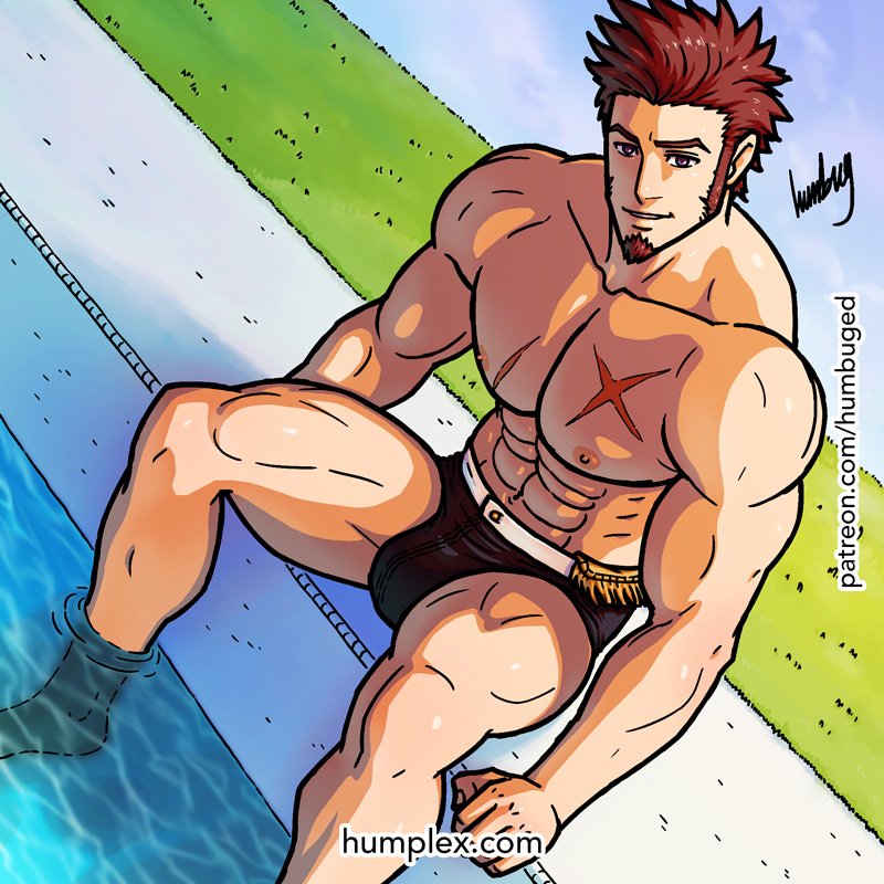 1boy abs beard blue_eyes brown_hair chest facial_hair fate/grand_order fate_(series) full_body humbuged1 looking_at_viewer male_focus muscle napoleon_bonaparte_(fate/grand_order) nipples open_mouth pectorals pool scar shorts sitting smile swimsuit thighs topless