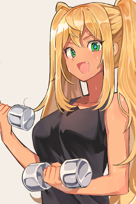 1girl :d black_tank_top blonde_hair brown_background cute danberu_nan_kiro_moteru? dark_skin dogakobo dumbbell fang green_eyes joman long_hair moe open_mouth sakura_hibiki_(danberu_nan_kiro_moteru?) shogakukan simple_background sleeveless smile solo sweat tank_top twintails