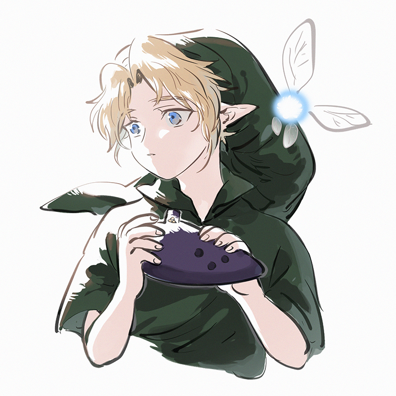 1boy blonde_hair blue_eyes commentary_request cropped_torso fairy green_headwear green_tunic hands_up holding holding_instrument instrument kmkr link looking_to_the_side navi ocarina parted_lips phrygian_cap pointy_ears short_sleeves simple_background the_legend_of_zelda the_legend_of_zelda:_ocarina_of_time triforce tunic upper_body white_background young_link