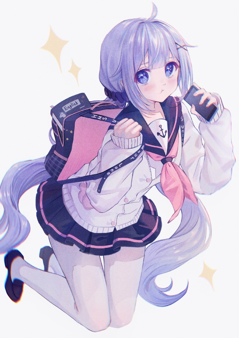 1girl :t ahoge anchor_print azur_lane bag black_footwear black_skirt cardigan cellphone closed_mouth english_text hair_ornament holding holding_phone loafers long_hair low_twintails neckerchief phone pleated_skirt school_uniform shoes skirt sleeves_past_wrists smartphone solo sparkle symbol_commentary thigh-highs twintails unicorn_(azur_lane) very_long_hair violet_eyes weizhi white_background x_hair_ornament