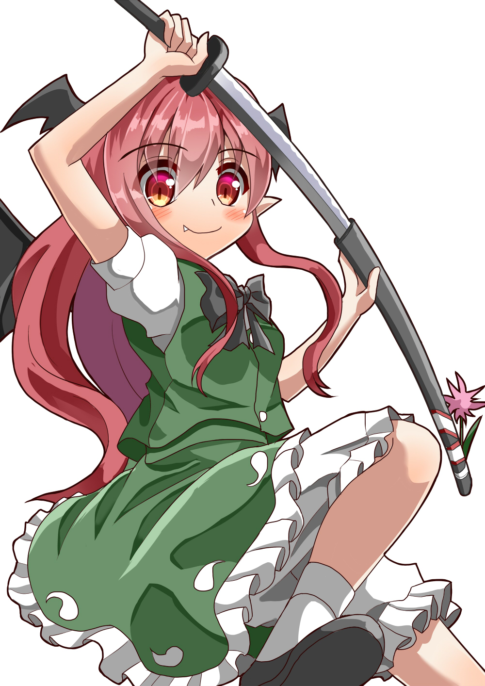 1girl arm_above_head black_neckwear bloomers blush bow bowtie commentary_request cosplay demon_wings eyebrows_visible_through_hair fang fang_out flower green_skirt green_vest hair_between_eyes hand_on_hilt head_wings highres holding holding_sword holding_weapon katana knee_up koakuma konpaku_youmu konpaku_youmu_(cosplay) leg_lift looking_at_viewer petticoat pointy_ears puffy_short_sleeves puffy_sleeves red_eyes redhead scabbard sheath shirt short_sleeves sidelocks simple_background skirt skirt_set slit_pupils smile solo sugiyama_ichirou sword touhou underwear unsheathing vest weapon white_background white_shirt wings