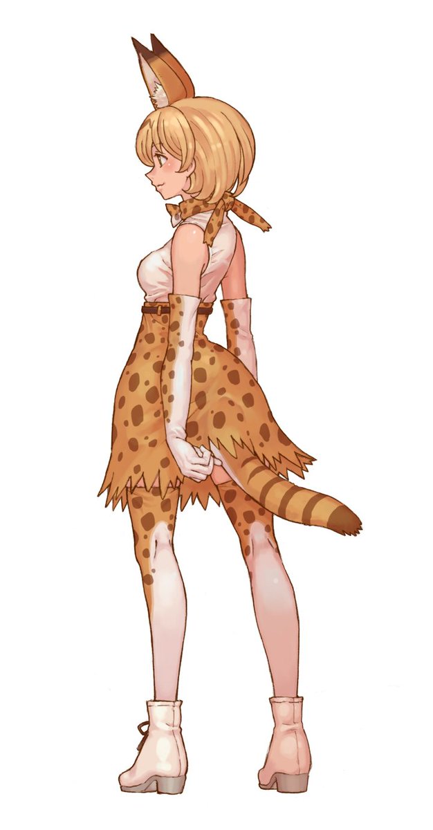 1girl animal_ear_fluff animal_ears animal_print bare_shoulders blonde_hair boots breasts brown_eyes closed_mouth elbow_gloves extra_ears full_body gloves high-waist_skirt highres kemono_friends legs_apart medium_breasts orange_skirt serval_(kemono_friends) serval_ears serval_print serval_tail shirt short_hair simple_background skirt sleeveless sleeveless_shirt smile solo standing striped_tail tail tanuki_koubou thigh-highs white_background white_footwear white_shirt zettai_ryouiki