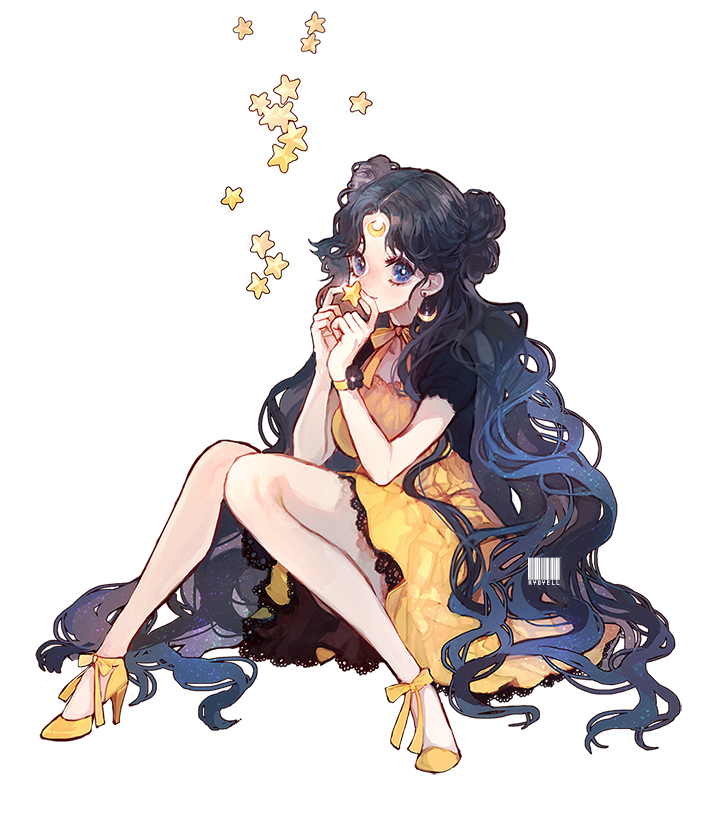 artist_name barcode bishoujo_senshi_sailor_moon black_hair blue_eyes bow crescent crescent_earrings dress earrings facial_mark flower flower_bracelet forehead_mark full_body jewelry lace lace-trimmed_dress long_hair looking_at_viewer luna_(sailor_moon) luna_(sailor_moon)_(human) ribbon ryoyell sitting solo star very_long_hair wavy_hair