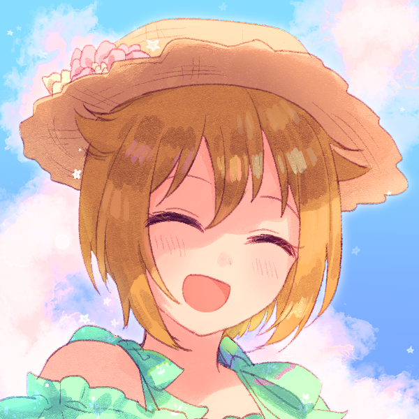 1girl :d ^_^ bangs bare_shoulders blue_sky blush brown_hair brown_headwear closed_eyes clouds cloudy_sky day eyebrows_visible_through_hair facing_viewer flower green_shirt hair_between_eyes hat hat_flower ibuki_tsubasa idolmaster idolmaster_million_live! idolmaster_million_live!_theater_days off-shoulder_shirt off_shoulder open_mouth outdoors pink_flower poyo_(shwjdddms249) shirt short_hair sidelocks sky smile solo upper_body white_flower