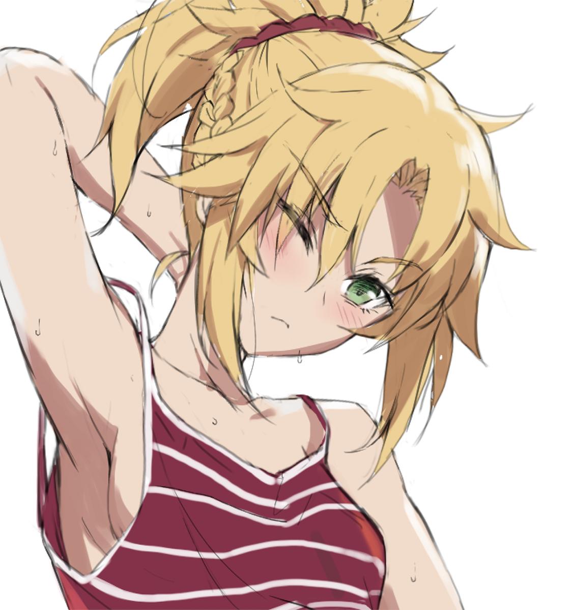 1girl bangs bare_shoulders blonde_hair blush braid breasts eyebrows_visible_through_hair fate/apocrypha fate_(series) green_eyes hair_ornament hair_scrunchie highres long_hair looking_at_viewer mordred_(fate) mordred_(fate)_(all) no_bra one_eye_closed ponytail red_scrunchie scrunchie shirt simple_background sketch small_breasts solo striped striped_shirt tonee white_background