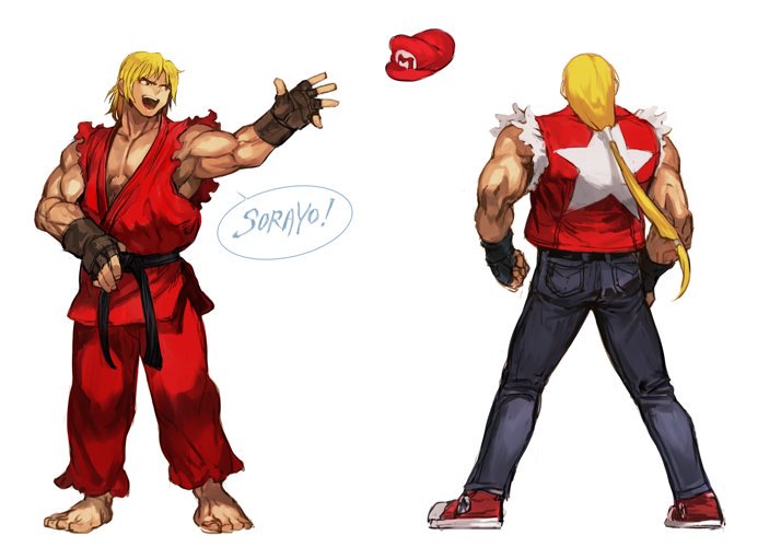 2boys bare_shoulders baseball_cap belt black_belt blonde_hair capcom_vs_snk cosplay denim dougi fatal_fury fingerless_gloves from_behind full_body gloves hankuri hat jeans ken_masters long_hair looking_at_another mario mario_(cosplay) mario_hat multiple_boys muscle open_mouth pants parody ponytail shoes simple_background smile sneakers star street_fighter super_smash_bros. terry_bogard throwing throwing_hat vest white_background