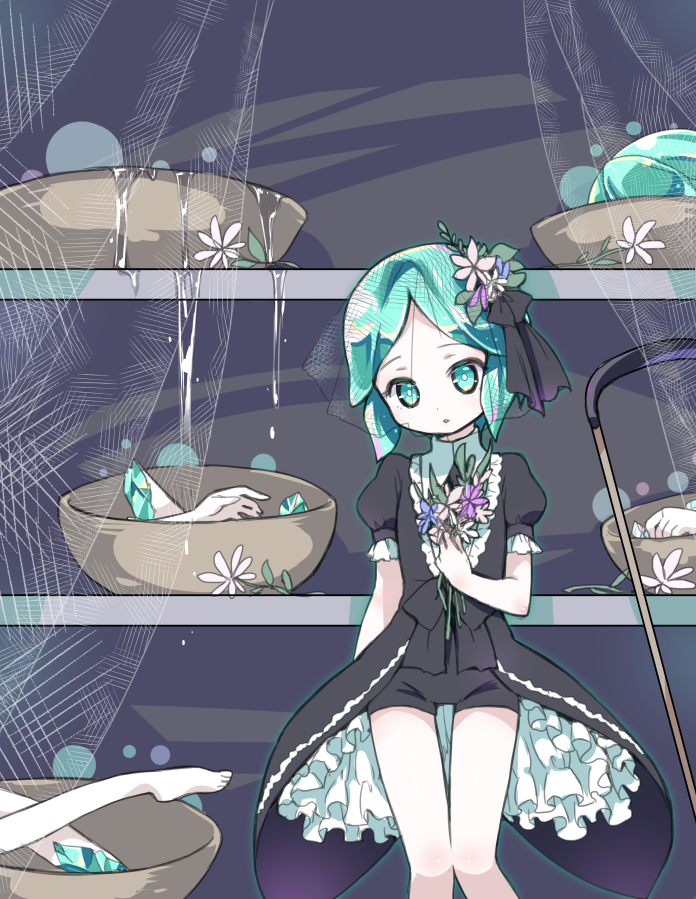 1other adapted_costume amimi aqua_eyes aqua_hair arm_at_side black_bow black_neckwear black_ribbon black_shorts bow bowl curtains dripping feet_out_of_frame flower frills gem_uniform_(houseki_no_kuni) hair_flower hair_ornament hair_ribbon hand_on_own_chest head_tilt houseki_no_kuni knees_together_feet_apart liquid looking_at_viewer mourning phosphophyllite puffy_short_sleeves puffy_sleeves ribbon severed_arm severed_leg severed_limb short_hair short_sleeves shorts sidelocks solo thigh_gap veil white_flower