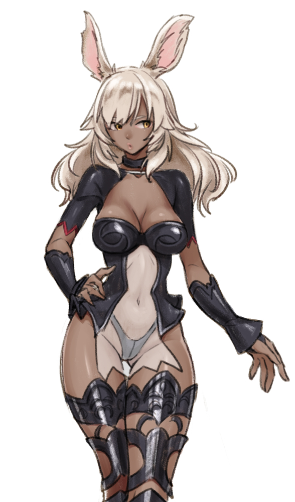 1girl animal_ears choker commentary_request dark_skin final_fantasy final_fantasy_xii final_fantasy_xiv gloves hand_on_hip navel pote0508 rabbit_ears see-through solo thigh-highs thigh_gap viera white_hair yellow_eyes