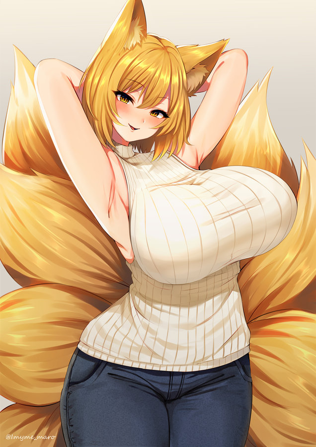 1girl :d alternate_costume animal_ear_fluff animal_ears armpits arms_up artist_name bangs bare_arms bare_shoulders blonde_hair blue_pants blush breasts commentary_request cowboy_shot denim eyebrows eyebrows_visible_through_hair eyelashes fox_ears fox_tail hair_between_eyes head_tilt hips huge_breasts jeans looking_at_viewer marota multiple_tails no_hat no_headwear open_mouth pants ribbed_sweater short_hair simple_background sleeveless sleeveless_sweater sleeveless_turtleneck smile solo standing sweater tail thick_thighs thighs touhou turtleneck twitter_username white_sweater wide_hips yakumo_ran yellow_eyes