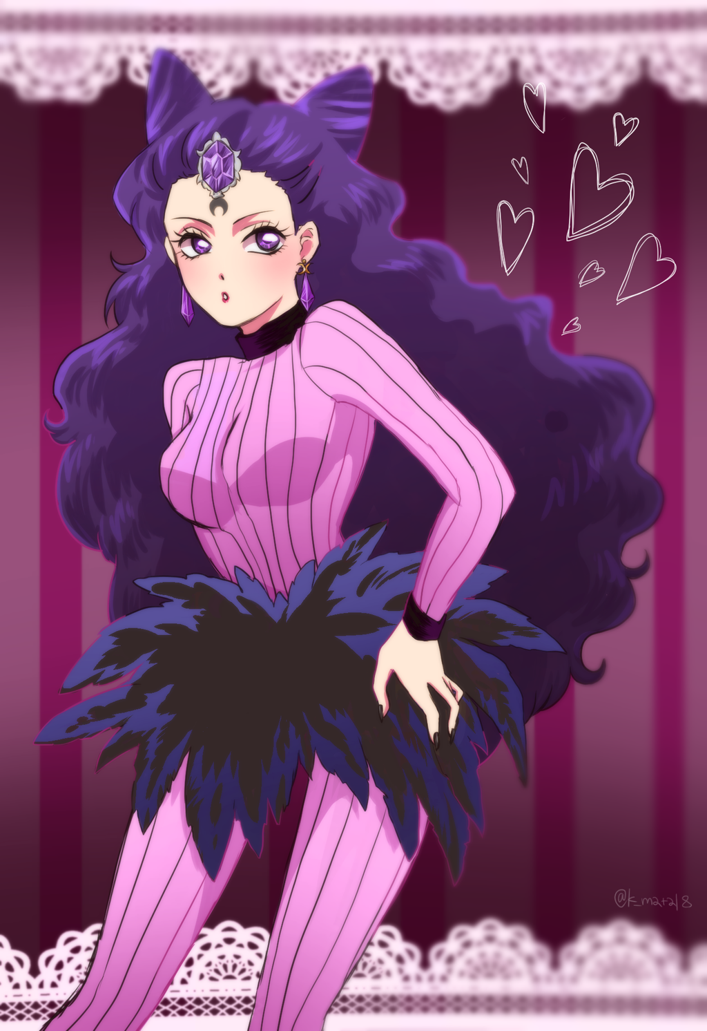 1girl artist_request bishoujo_senshi_sailor_moon crescent double_bun earrings forehead_jewel hand_on_hip heart highres jewelry koan_(sailor_moon) lips lipstick long_hair looking_at_viewer makeup purple_hair red_lipstick ribbed_legwear ribbed_shirt shirt solo violet_eyes wavy_hair