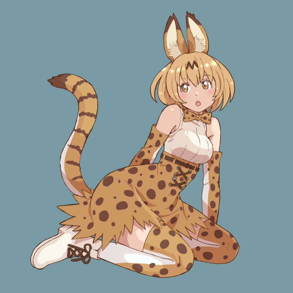 1girl :o animal_ear_fluff animal_ears animal_print bangs bare_shoulders blonde_hair blue_background bob_cut boots bow bowtie breasts cross-laced_footwear elbow_gloves eyebrows_visible_through_hair full_body gloves high-waist_skirt kemono_friends lace-up_boots medium_breasts open_mouth orange_skirt serval_(kemono_friends) serval_ears serval_print serval_tail shirt simple_background skirt sleeveless sleeveless_shirt solo striped_tail tail tail_raised tanuki_koubou thigh-highs white_footwear white_shirt yellow_eyes zettai_ryouiki