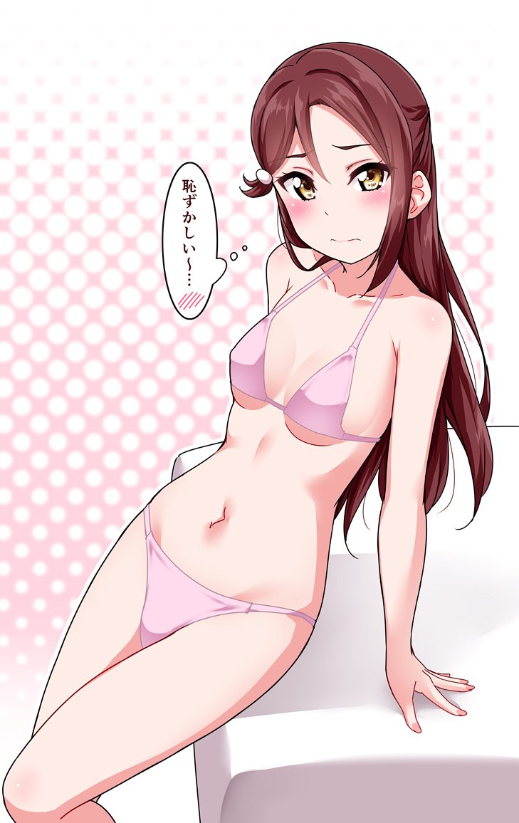 1girl bare_legs bikini blush breasts collarbone embarrassed eyebrows_visible_through_hair kanji long_hair looking_at_viewer love_live! love_live!_sunshine!! navel pink_bikini polka_dot polka_dot_background redhead sakurauchi_riko small_breasts solo speech_bubble swimsuit translated yellow_eyes yopparai_oni