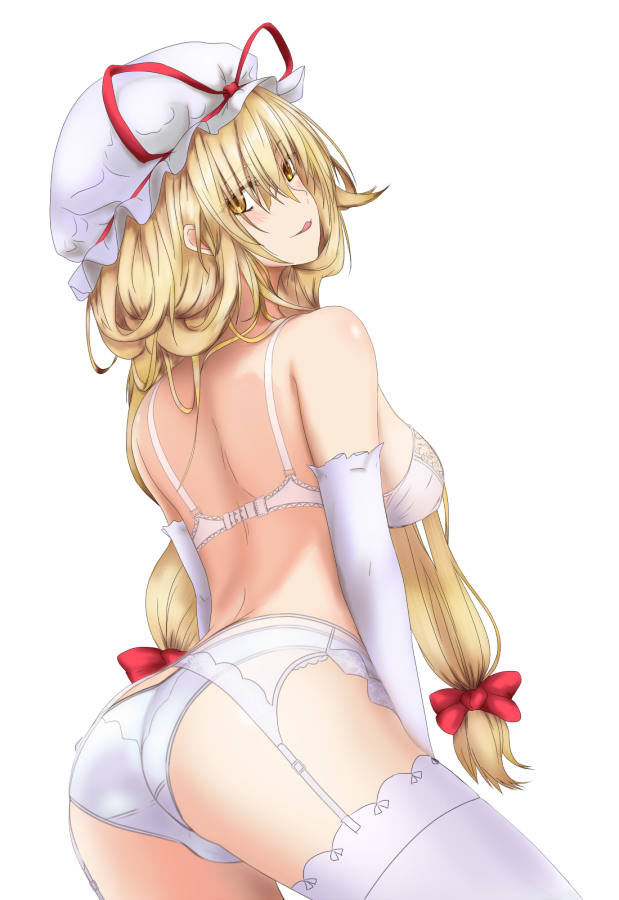 1girl :q ass bangs bare_shoulders blonde_hair blush bow bra breasts commentary_request cowboy_shot elbow_gloves eyebrows_visible_through_hair from_behind garter_belt gloves hair_between_eyes hair_bow hat hat_ribbon head_tilt long_hair looking_at_viewer looking_back medium_breasts mob_cap panties red_bow red_ribbon ribbon simple_background smile solo thigh-highs thighs tk31 tongue tongue_out touhou underwear underwear_only very_long_hair white_background white_bra white_gloves white_headwear white_legwear white_panties yakumo_yukari yellow_eyes