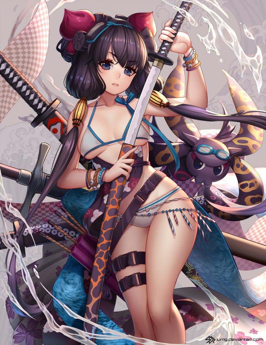 &gt;:( 1girl :3 artist_name bangs bare_legs bare_shoulders belt bikini blue_eyes blue_ribbon bracelet breasts breasts_apart checkered closed_mouth collarbone eyebrows_visible_through_hair fate/grand_order fate_(series) feet_out_of_frame floral_print goggles goggles_on_head grey_background hair_ornament jewelry jurrig katana katsushika_hokusai_(swimsuit_saber)_(fate) long_hair low_twintails medium_breasts octopus purple_hair quiver ribbon sheath splashing standing swimsuit sword thigh_strap tokitarou_(fate/grand_order) twintails uncensored unsheathing v-shaped_eyebrows very_long_hair water watermark waves weapon weapon_on_back web_address white_bikini