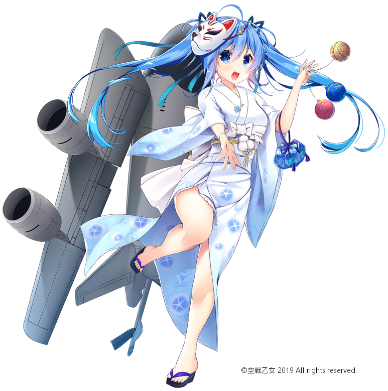 1girl ahoge airplane_wing bangs bare_legs blue_eyes blue_hair commentary_request eyebrows_visible_through_hair fox_mask hair_between_eyes hair_ribbon holding_balloon japanese_clothes kimono ko_yu leg_up long_hair looking_at_viewer mask mask_on_head open_mouth original outstretched_arm pouch ribbon rigging simple_background solo swept_bangs twintails white_background wide_sleeves yukata zouri