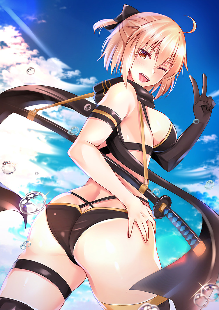 ahoge armband asymmetrical_gloves bikini black_bikini black_bow black_gloves black_scarf blue_sky bow breasts carrying_over_shoulder clouds commentary_request eyebrows_visible_through_hair fate/grand_order fate_(series) gloves hair_bow highleg highleg_bikini katana kurenai_(kurenai_pso) large_breasts multi-strapped_bikini okita_souji_(fate) okita_souji_(fate)_(all) okita_souji_(swimsuit_assassin)_(fate) one_eye_closed scarf sheath sheathed sideboob single_glove skindentation sky swimsuit sword thigh-highs thigh_strap v water_drop weapon yellow_eyes