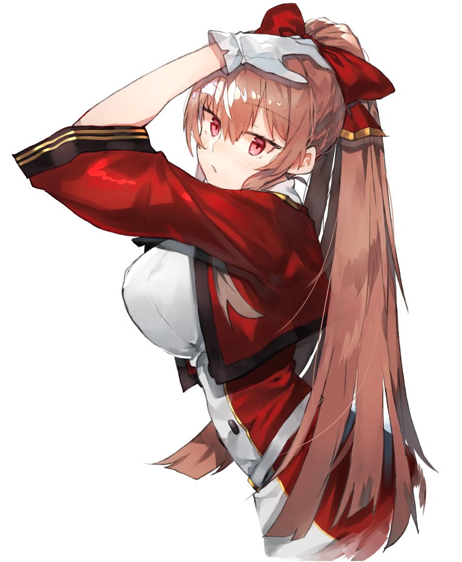 1girl breasts brown_hair character_request copyright_request cropped_torso gloves hair_between_eyes hand_in_hair kasuka_(kusuki) large_breasts looking_at_viewer ponytail red_eyes solo white_background white_gloves