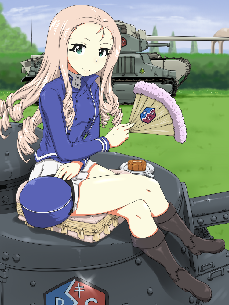 arl-44 bc_freedom_military_uniform black_footwear blonde_hair blue_headwear blue_jacket blue_sky blue_vest blurry blurry_background boots closed_mouth clouds cloudy_sky commentary crossed_legs day depth_of_field dessert dress_shirt drill_hair fan folding_fan food fork ft-17 full_body girls_und_panzer grass green_eyes ground_vehicle hat hat_removed headwear_removed hedge_(plant) high_collar holding holding_fan holding_hat jacket kepi kinpira_gobou knee_boots legs long_hair long_sleeves looking_at_viewer marie_(girls_und_panzer) military military_hat military_uniform military_vehicle miniskirt motor_vehicle on_pillow outdoors pleated_skirt s35 saucer shirt sitting skirt sky smile tank tree uniform vest white_shirt white_skirt