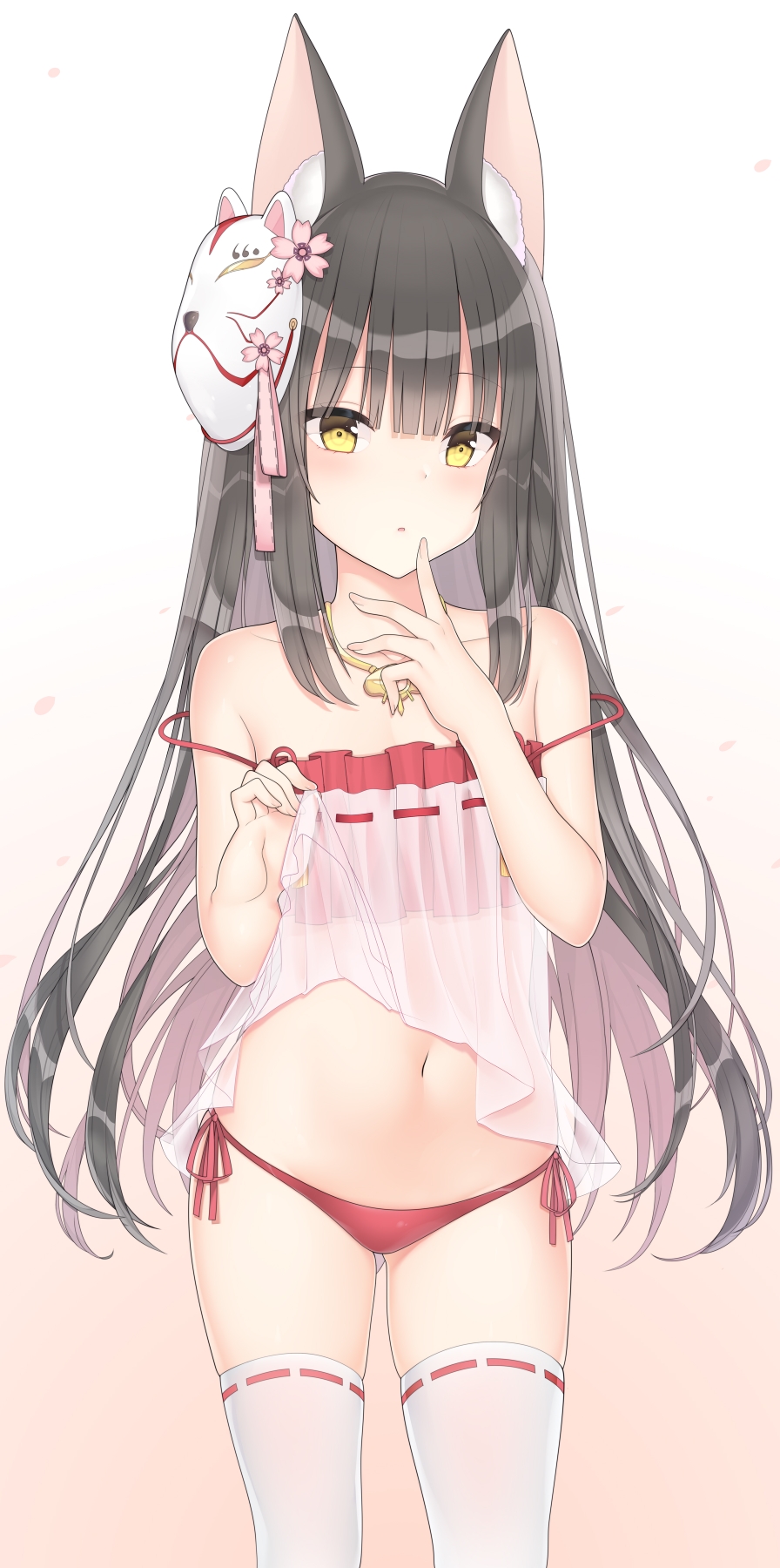 1girl :o animal_ear_fluff animal_ears ass_visible_through_thighs azur_lane bad_anatomy bangs bare_arms bare_shoulders black_hair bra brown_background brown_eyes cherry_blossoms chinese_commentary commentary_request eyebrows_visible_through_hair flower fox_ears fox_mask gradient gradient_background highres jyt long_hair looking_at_viewer mask mask_on_head multicolored_hair nagato_(azur_lane) navel panties parted_lips pink_flower red_bra red_panties ribbon-trimmed_legwear ribbon_trim see-through side-tie_panties solo thigh-highs two-tone_hair underwear very_long_hair white_background white_legwear yellow_eyes
