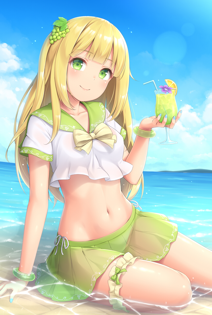 1girl arm_support blonde_hair blue_sky bow bowtie bracelet breasts caustics closed_mouth clouds collarbone commentary_request crop_top crop_top_overhang cup day drinking_glass drinking_straw flower green_eyes green_sailor_collar green_skirt hair_ornament highres holding holding_cup hurricane_glass jewelry leg_garter lens_flare long_hair looking_at_viewer medium_breasts midriff miniskirt nail_polish navel ocean original outdoors pleated_skirt purple_flower sailor_collar sasaame school_uniform serafuku shirt short_sleeves sitting skirt sky smile solo stomach thighs tropical_drink water wet white_shirt