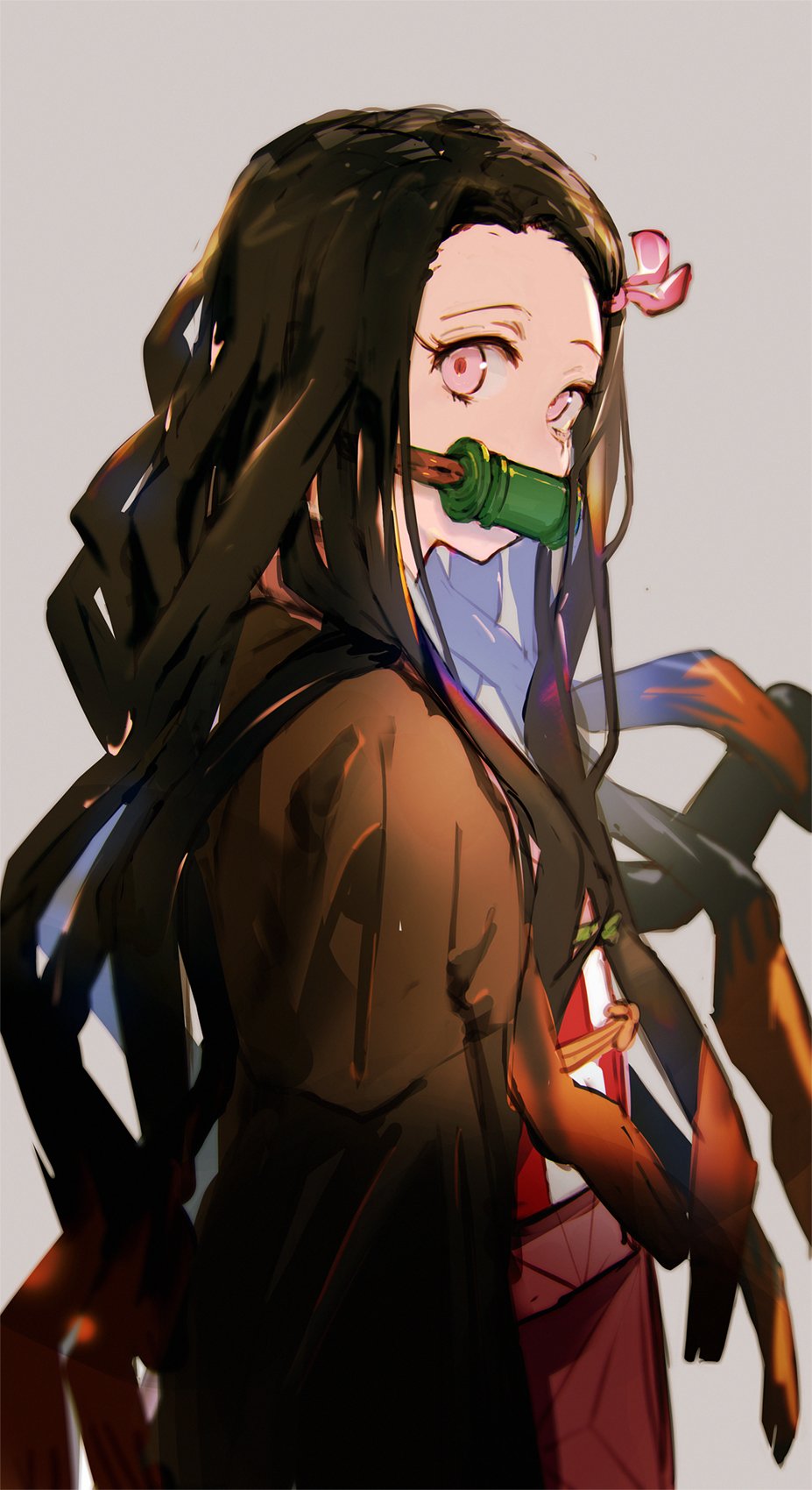 1girl bamboo bit_gag black_hair checkered checkered_sash forehead gag gradient gradient_background gradient_hair hair_ribbon haori highres japanese_clothes kamado_nezuko kimetsu_no_yaiba kimono long_hair long_sleeves looking_at_viewer looking_back mouth_hold multicolored_hair orange_hair pink_eyes pink_kimono pink_ribbon ribbon sash simple_background sleeves_past_wrists so-bin solo standing two-tone_hair very_long_hair wide_sleeves