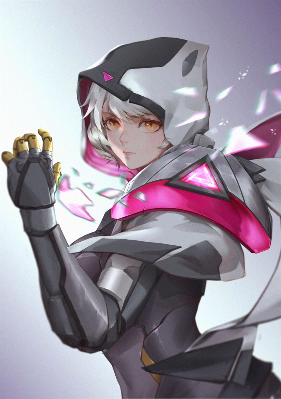 1girl cloak closed_mouth gradient gradient_background highres hood hood_up lcw961904412 league_of_legends mechanical_arm scratches short_hair solo torn_clothes upper_body white_hair yellow_eyes