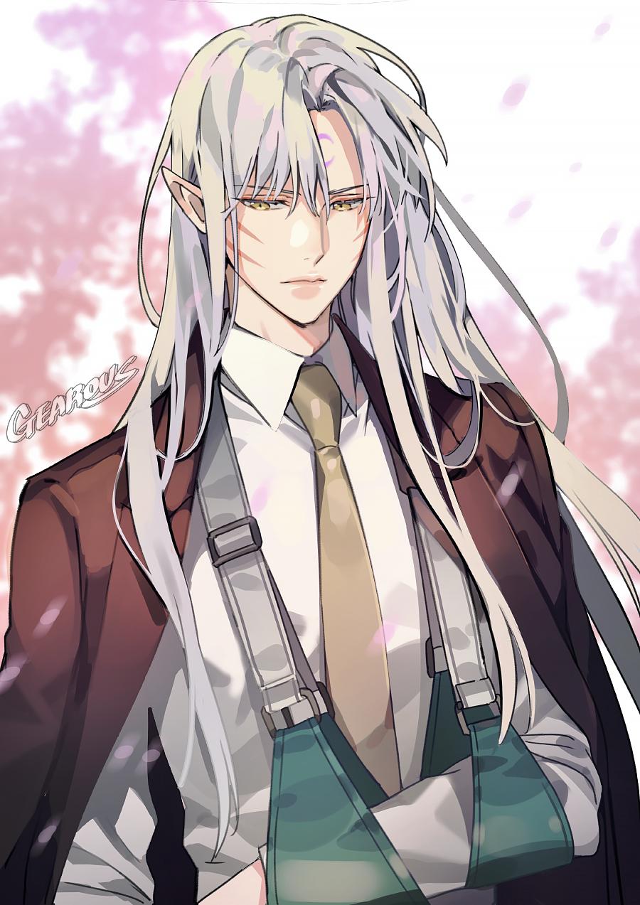 1boy alternate_costume arm_sling artist_name casual crescent facial_mark gearous highres inuyasha long_hair looking_at_viewer male_focus necktie pointy_ears sesshoumaru silver_hair solo upper_body yellow_eyes