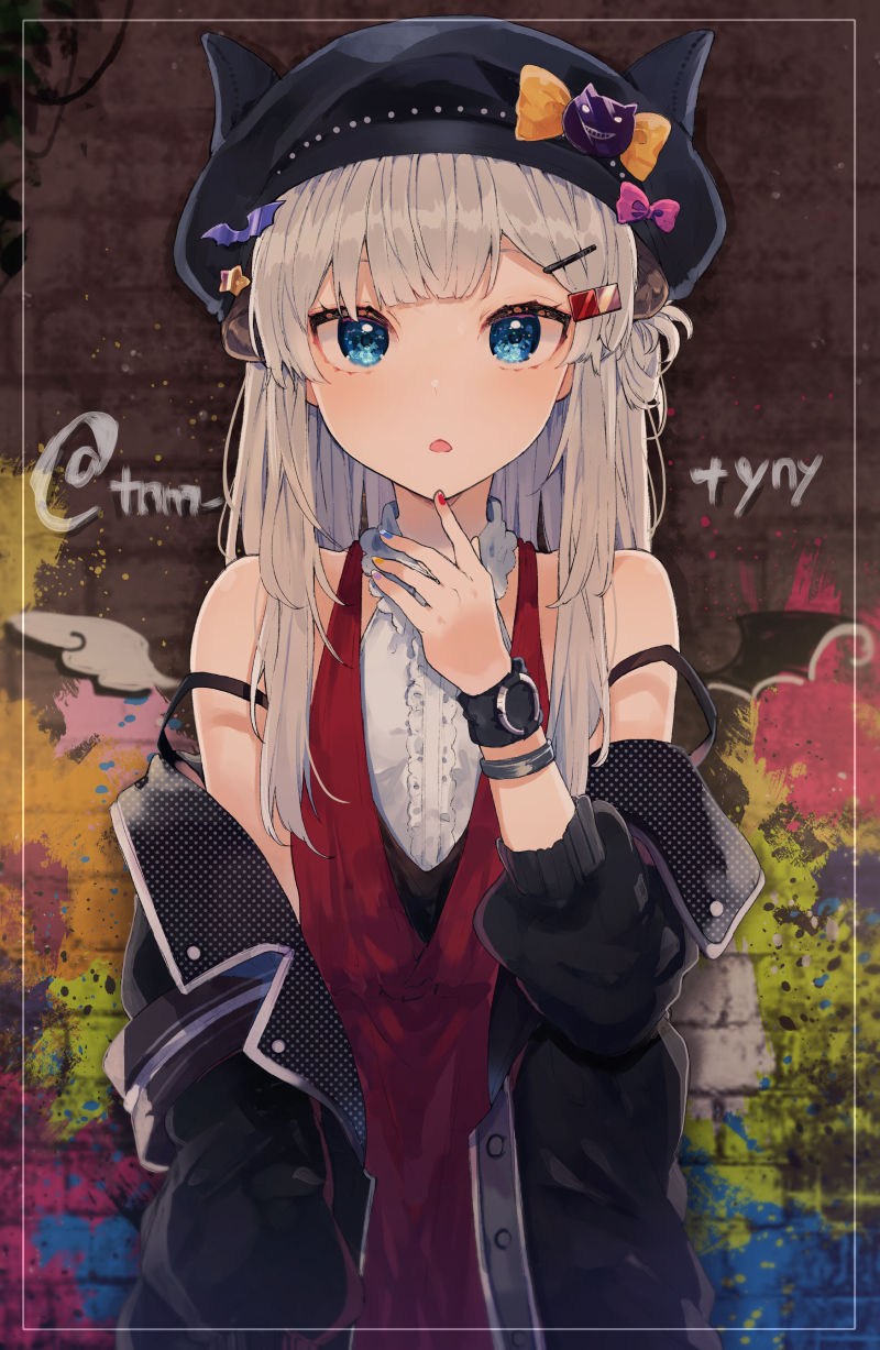 1girl bangs bare_shoulders black_headwear black_jacket blue_eyes blue_nails brick_wall cabbie_hat center_frills commentary_request dress eyebrows_behind_hair fake_horns fingernails grey_hair hair_ornament hairclip hand_up hat highres horned_headwear ikeuchi_tanuma jacket long_hair long_sleeves looking_at_viewer multicolored multicolored_nails nail_polish off_shoulder open_clothes open_jacket orange_neckwear original parted_lips puffy_long_sleeves puffy_sleeves purple_nails red_dress red_nails shirt sleeveless sleeveless_dress sleeveless_shirt solo strap_slip upper_body white_shirt