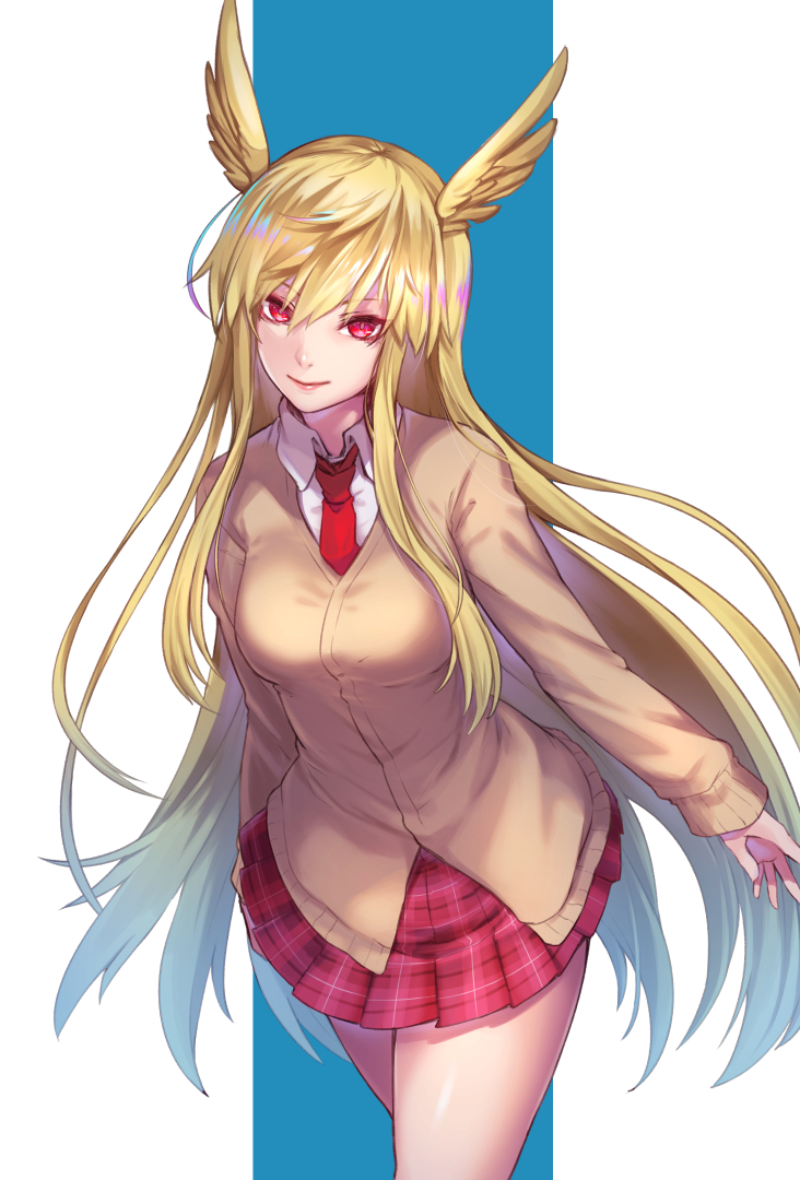 1girl blonde_hair breasts brown_sweater commentary_request dress_shirt fate/grand_order fate_(series) hair_between_eyes head_wings long_hair looking_at_viewer medium_breasts necktie plaid plaid_skirt re_(re_09) red_eyes red_neckwear red_skirt school_uniform shirt sidelocks skirt smile solo sweater thrud_(fate/grand_order) valkyrie_(fate/grand_order) very_long_hair white_shirt