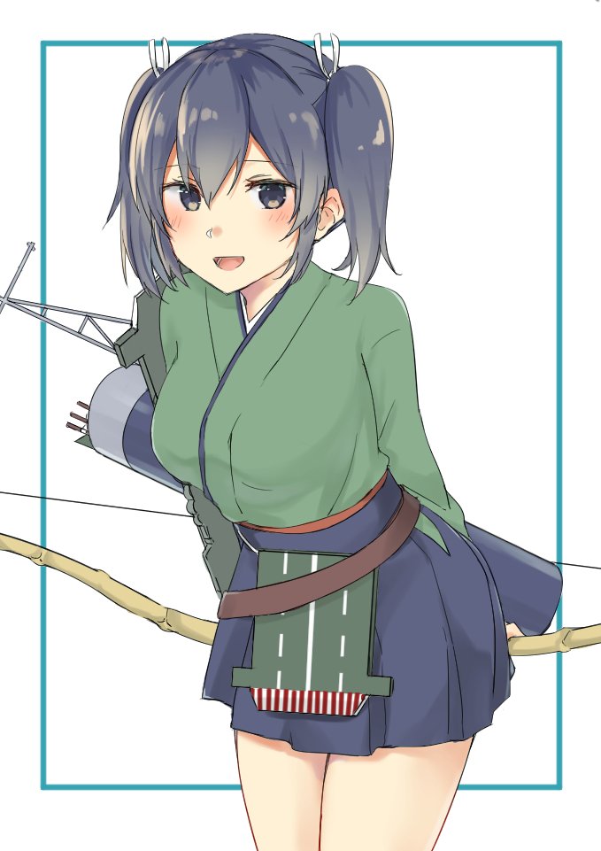 1girl arrow bangs blue_eyes blue_hair blush bou_(wataame) bow_(weapon) breasts eyebrows_visible_through_hair flight_deck green_kimono hair_ribbon hakama hakama_skirt holding holding_bow_(weapon) holding_weapon japanese_clothes kantai_collection kimono leaning_forward long_hair medium_breasts open_mouth quiver ribbon rigging simple_background skirt solo souryuu_(kantai_collection) twintails weapon