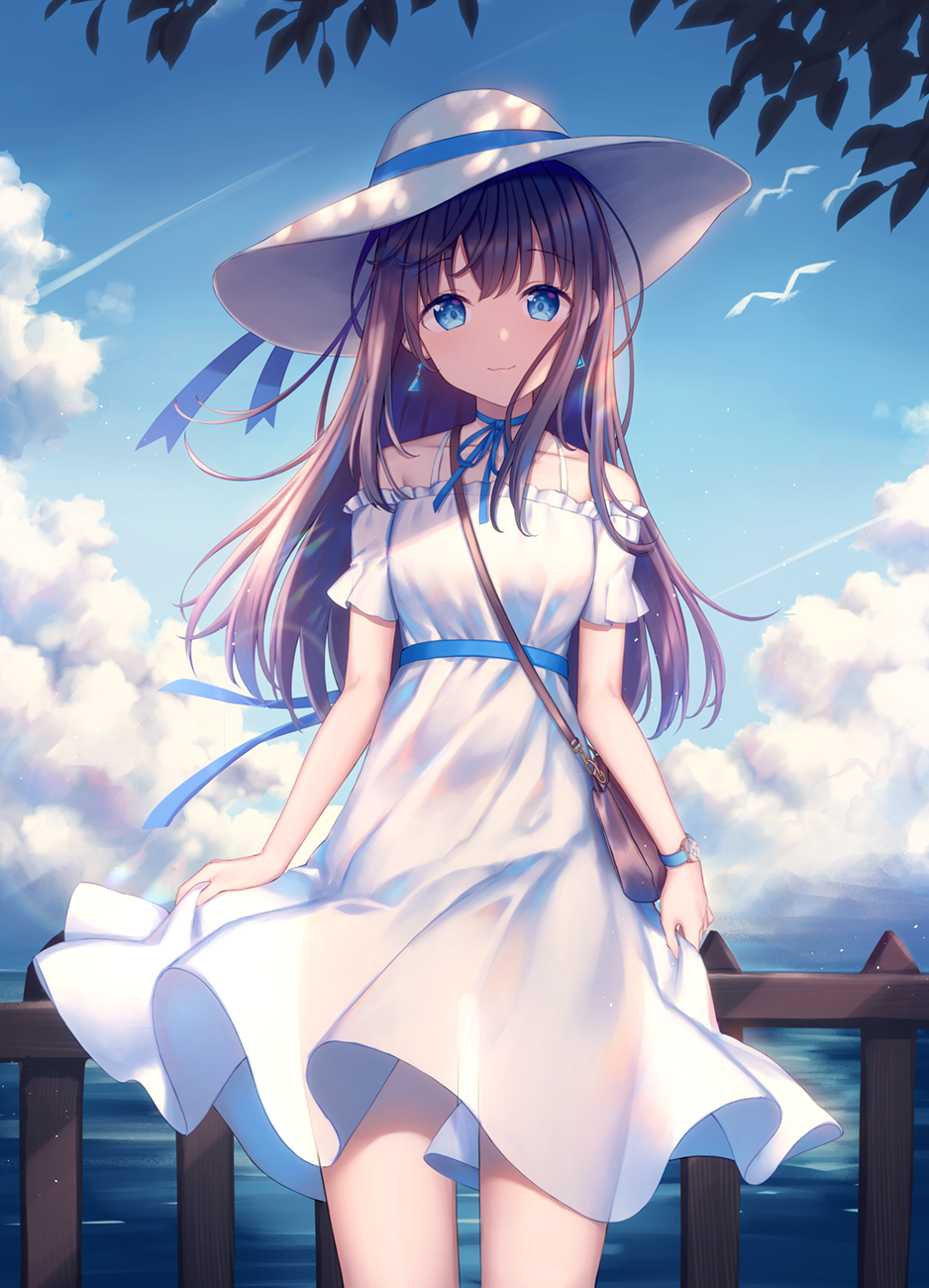 1girl bag bangs bare_shoulders blue_choker blue_eyes blue_ribbon blue_sky brown_hair choker closed_mouth clouds cloudy_sky collarbone commentary day dress english_commentary eyebrows_visible_through_hair fence hat highres kawami_nami long_hair off-shoulder_dress off_shoulder original outdoors ribbon ribbon_choker see-through short_sleeves shoulder_bag sky smile solo sun_hat sundress very_long_hair water white_dress white_headwear