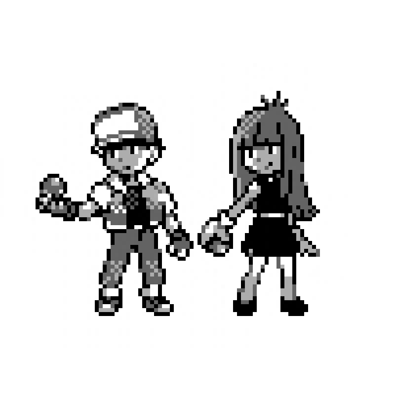 1boy 1girl bangs baseball_cap blue_(pokemon) blunt_bangs bukiko dress fingerless_gloves full_body gloves greyscale hat holding holding_poke_ball long_hair looking_away looking_to_the_side md5_mismatch monochrome official_style pants pixel_art poke_ball poke_ball_(generic) pokemon pokemon_(game) pokemon_rgby pokemon_rgby_beta pokemon_trainer red_(pokemon) resized shoes short_dress simple_background sleeveless sleeveless_dress standing upscaled white_background