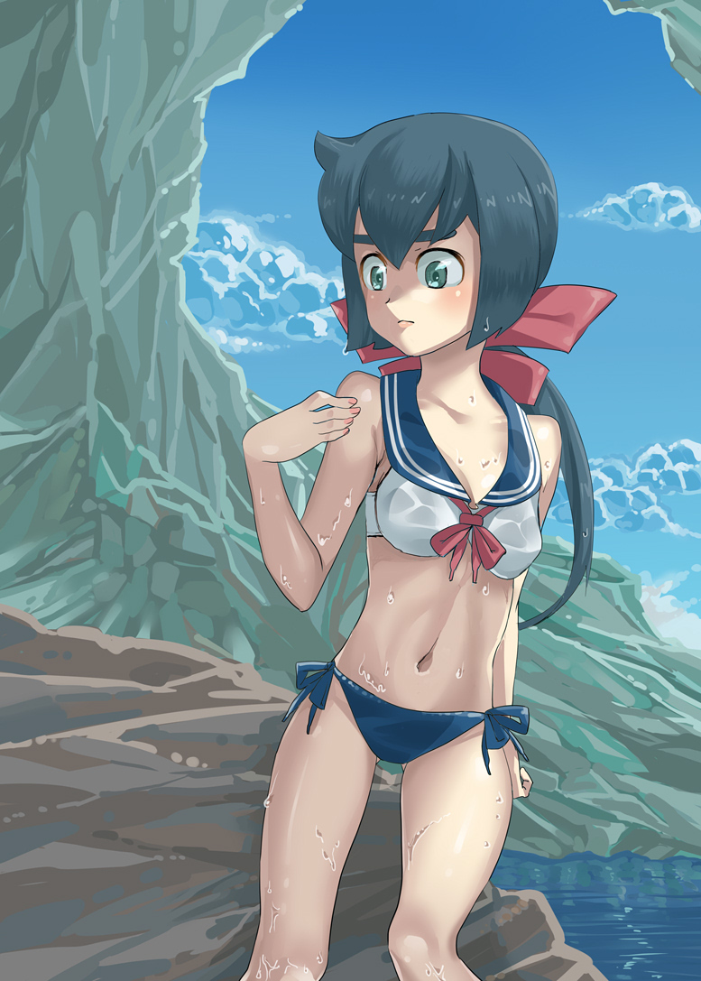 1girl bikini blue_eyes blue_hair blush breasts cliff clouds cloudy_sky collarbone constanze_amalie_von_braunschbank-albrechtsberger hair_ornament hair_ribbon hand_on_shoulder little_witch_academia long_hair navel ocean outdoors ponytail ribbon rozen110 sailor_bikini sailor_collar shiny shiny_hair shiny_skin side-tie_bikini sky small_breasts solo swimsuit swimwear thick_eyebrows wet