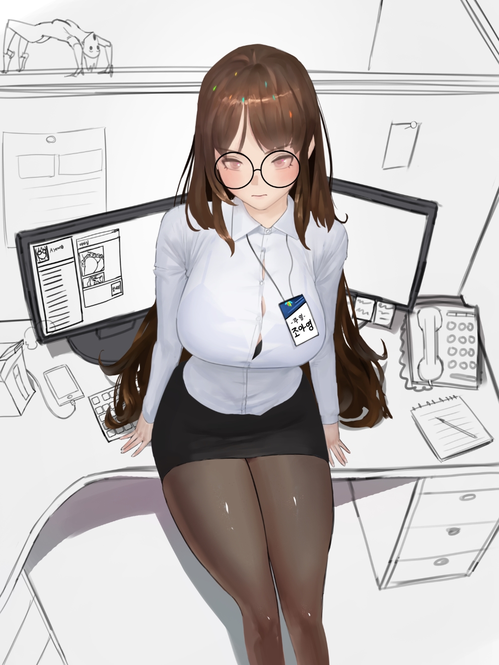 1girl bangs breasts brown_eyes brown_hair button_gap cabinet cellphone closed_mouth collared_shirt computer cubicle desk dlckdgns851 dress_shirt glasses highres id_card keyboard_(computer) large_breasts long_hair monitor mouse_(computer) notebook office office_lady on_desk original pantyhose pen pencil_skirt phone round_eyewear shirt sitting sitting_on_desk skirt smartphone thighs white_shirt