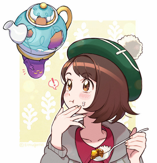 ! 1girl :t blush bob_cut brown_eyes brown_hair cardigan closed_mouth collared_dress commentary_request curry food food_on_face gloria_(pokemon) green_headwear grey_cardigan hat holding holding_spoon hooded_cardigan kusakari notice_lines pokemon pokemon_(creature) pokemon_(game) pokemon_swsh polteageist rice shiny shiny_hair short_hair spoken_exclamation_mark spoon tam_o'_shanter