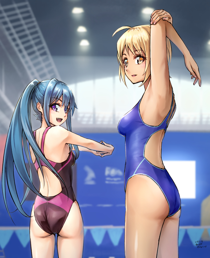 2018 2girls ahoge arms_up ass black_swimsuit blonde_hair blue_hair blue_swimsuit blurry blurry_background competition_swimsuit dated ensemble_girls! eyebrows_visible_through_hair hair_between_eyes indoors long_hair looking_at_viewer multiple_girls one-piece_swimsuit outstretched_arms ponytail sarasa_(kanbi) short_hair signature sketch standing stretch swimsuit twitter_username very_long_hair violet_eyes yellow_eyes