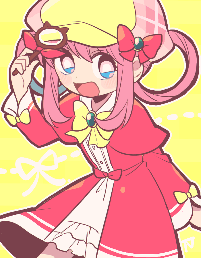 1girl :d bangs blue_eyes blush bow cowboy_shot deerstalker dress frilled_dress frills hair_between_eyes hair_rings haku_le hat holding long_hair long_sleeves looking_at_viewer magnifying_glass open_mouth pink_bow pink_dress pink_hair red_bow ribbon sherlock_shellingford sidelocks smile solo striped striped_background swept_bangs tantei_opera_milky_holmes yellow_background yellow_bow yellow_headwear